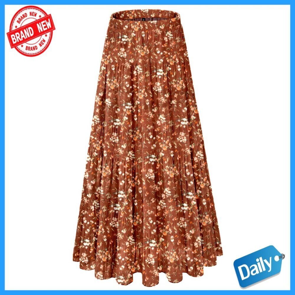 Chiffon Maxi Skirt Elastic Waist Flowy Pleated A-Line Long Fall Boho